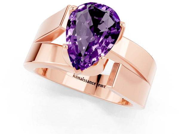 Rose gold Modern Tension Set Pear Cut Amethyst Solitaire Wide Band Ring