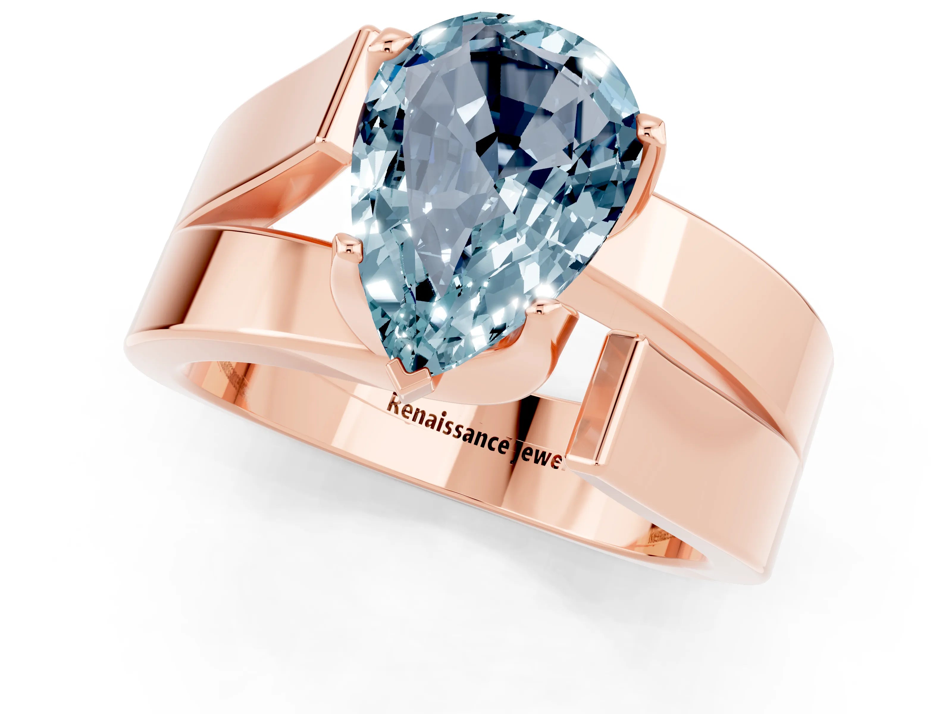 Rose gold Modern Tension Set Pear Cut Aquamarine Solitaire Wide Band Ring_1