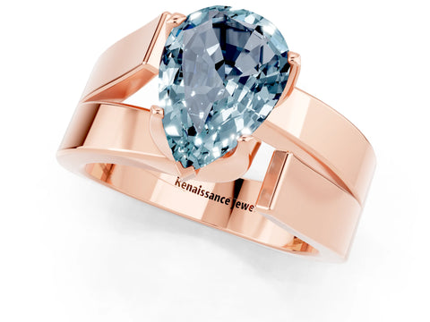 Rose gold Modern Tension Set Pear Cut Aquamarine Solitaire Wide Band Ring_1