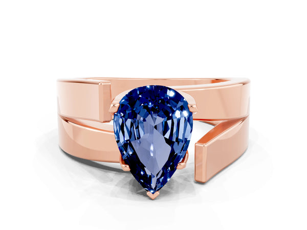 Rose gold Modern Tension Set Pear Cut Blue Sapphire Solitaire Wide Band Ring