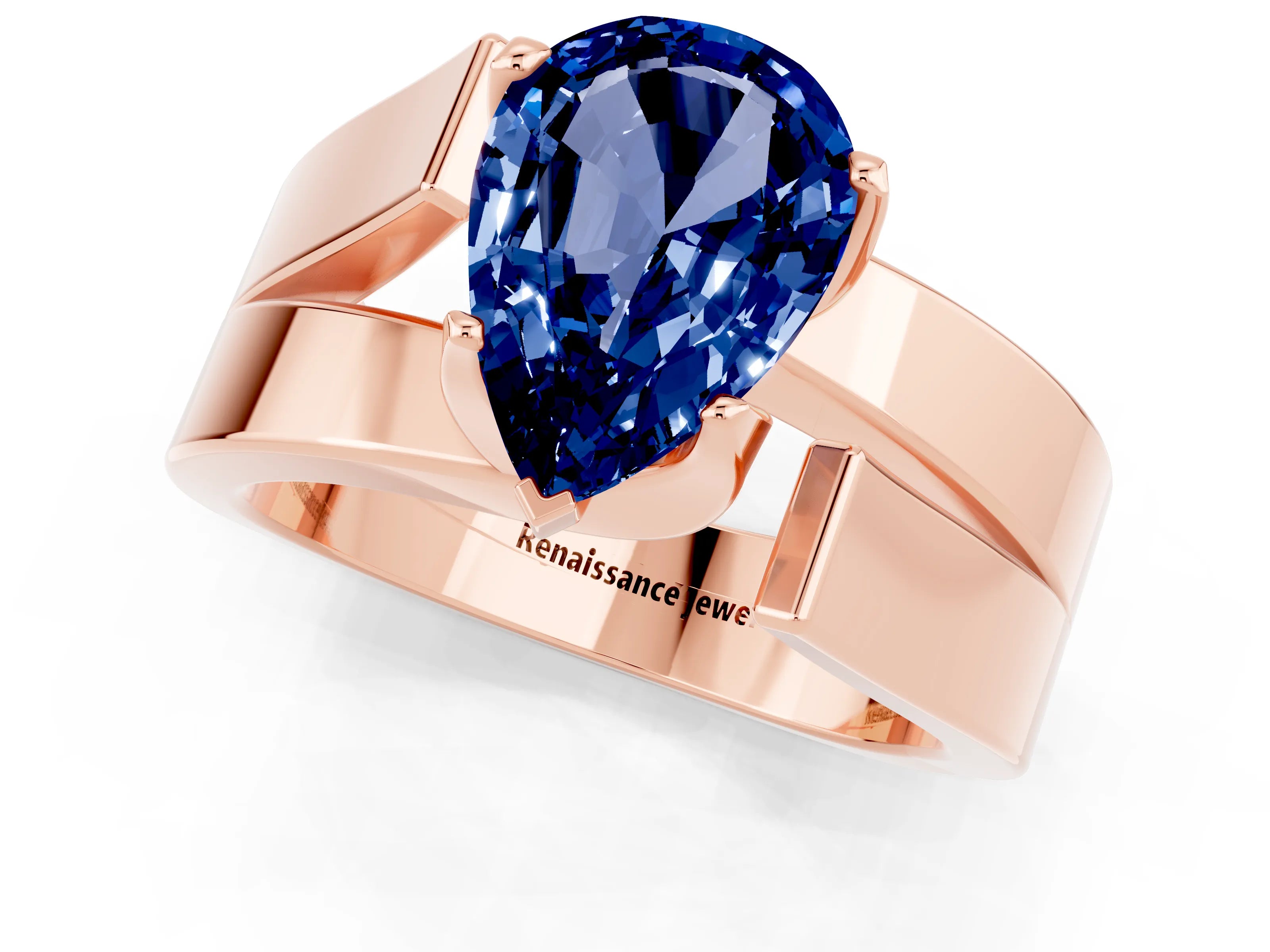 Rose gold Modern Tension Set Pear Cut Blue Sapphire Solitaire Wide Band Ring_1