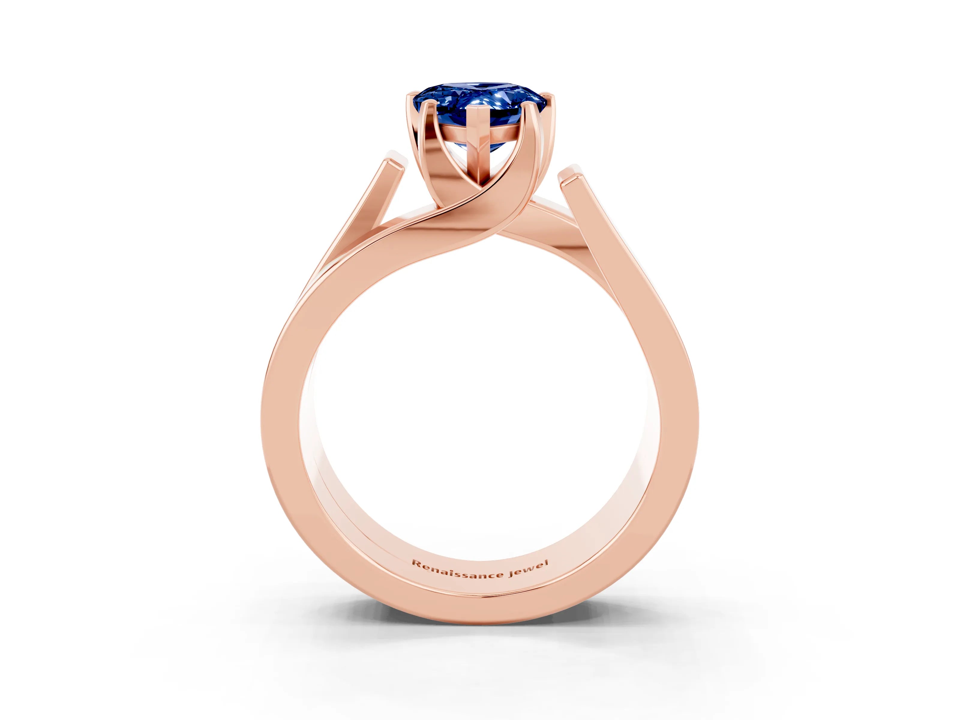 Rose gold Modern Tension Set Pear Cut Blue Sapphire Solitaire Wide Band Ring_3