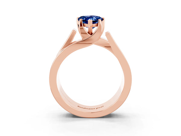 Rose gold Modern Tension Set Pear Cut Blue Sapphire Solitaire Wide Band Ring