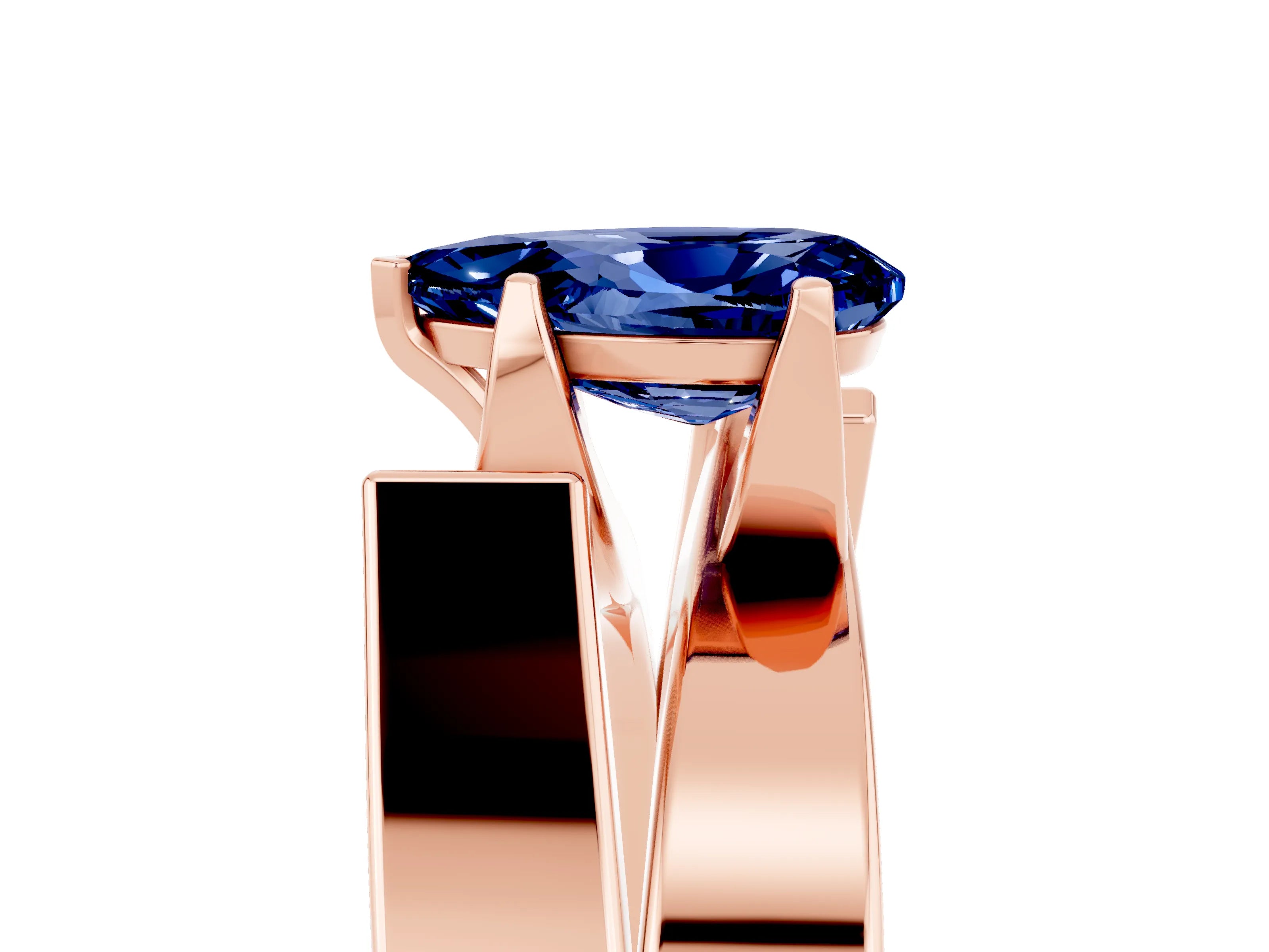 Rose gold Modern Tension Set Pear Cut Blue Sapphire Solitaire Wide Band Ring_5