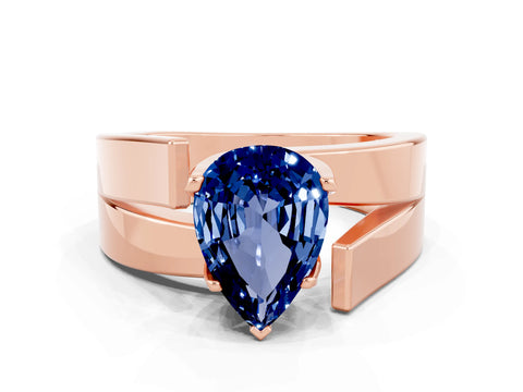 Rose gold Modern Tension Set Pear Cut Blue Sapphire Solitaire Wide Band Ring