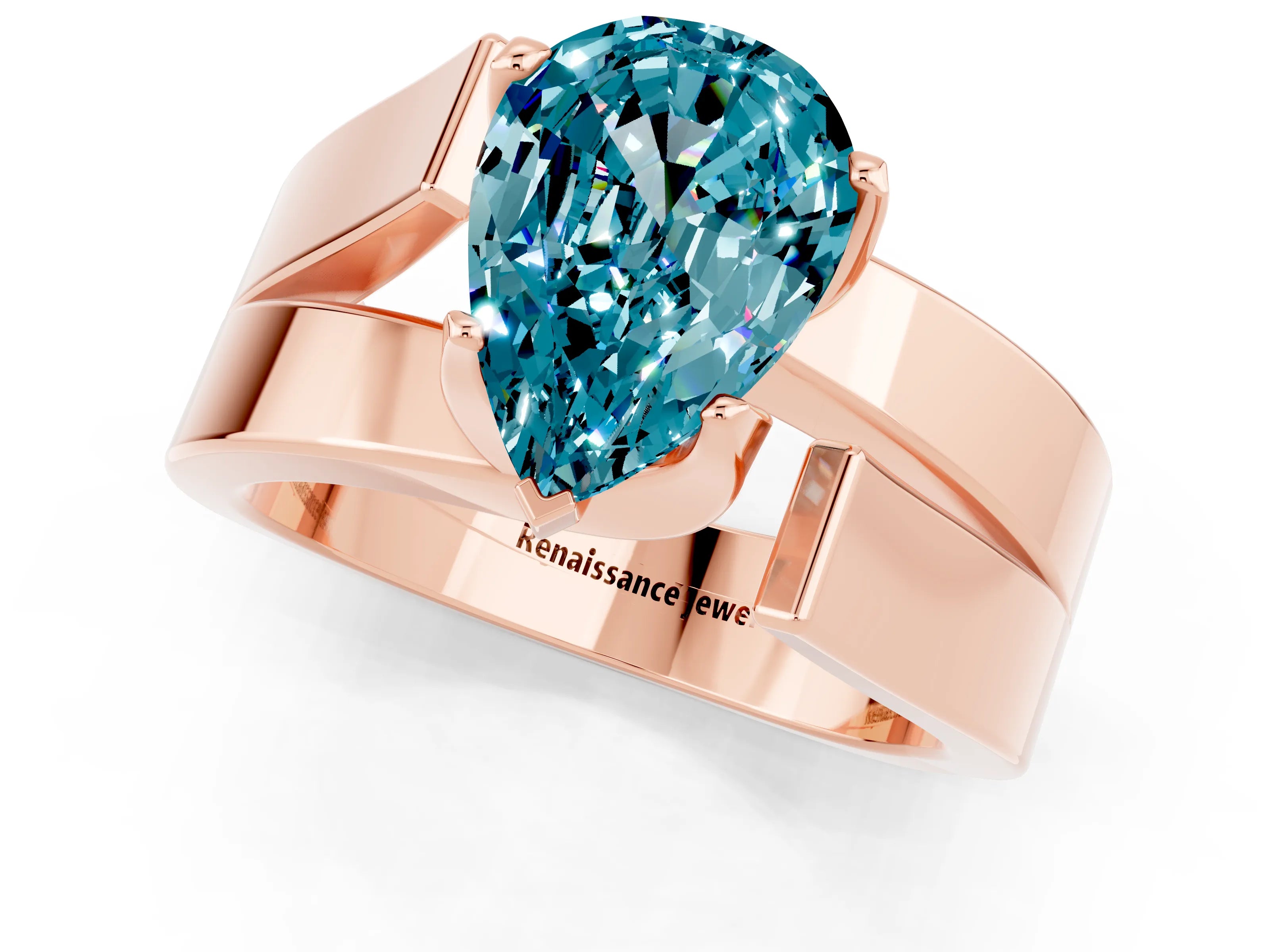 Rose gold Modern Tension Set Pear Cut Blue Topaz Solitaire Wide Band Ring_1