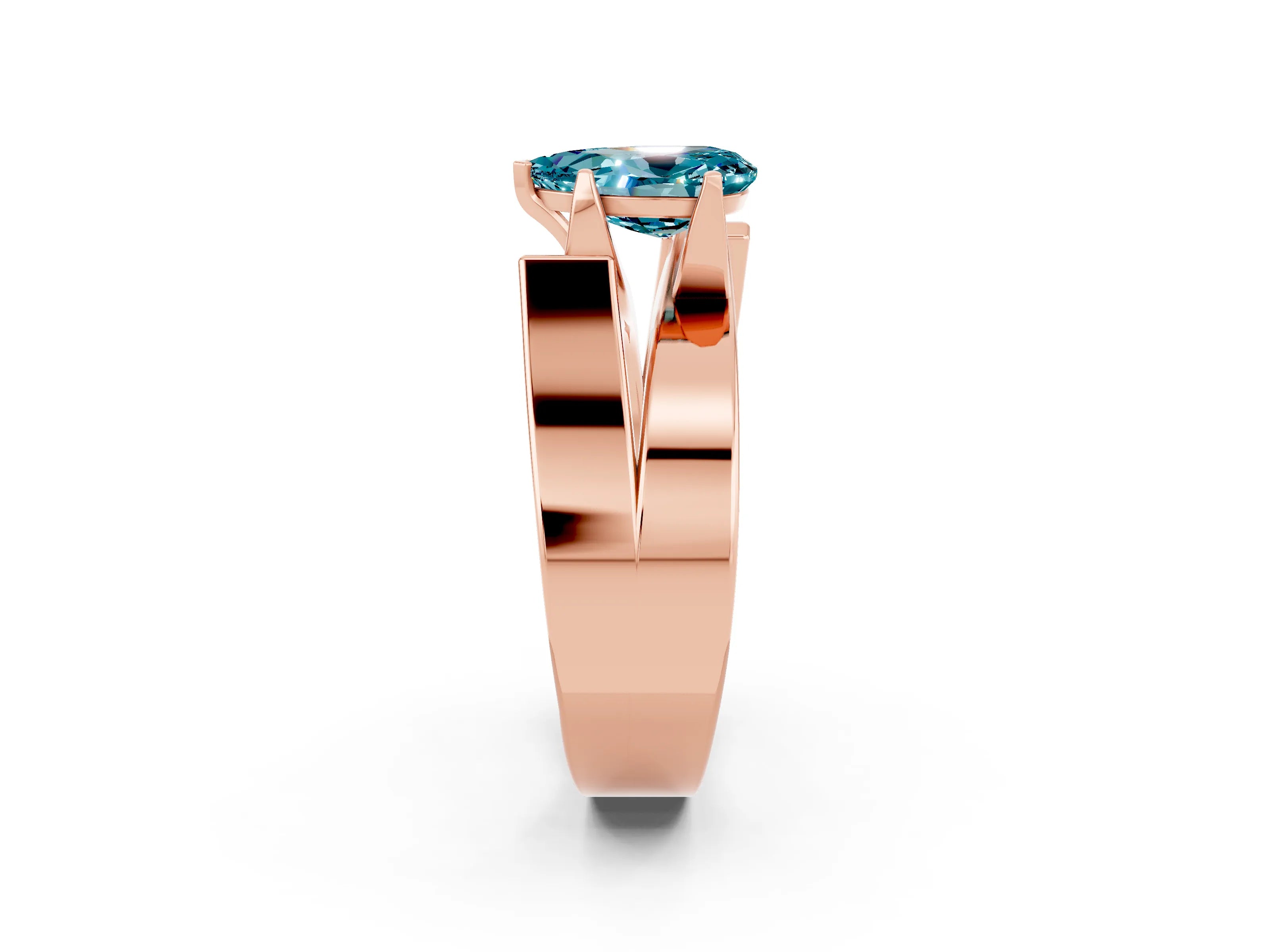 Rose gold Modern Tension Set Pear Cut Blue Topaz Solitaire Wide Band Ring_2