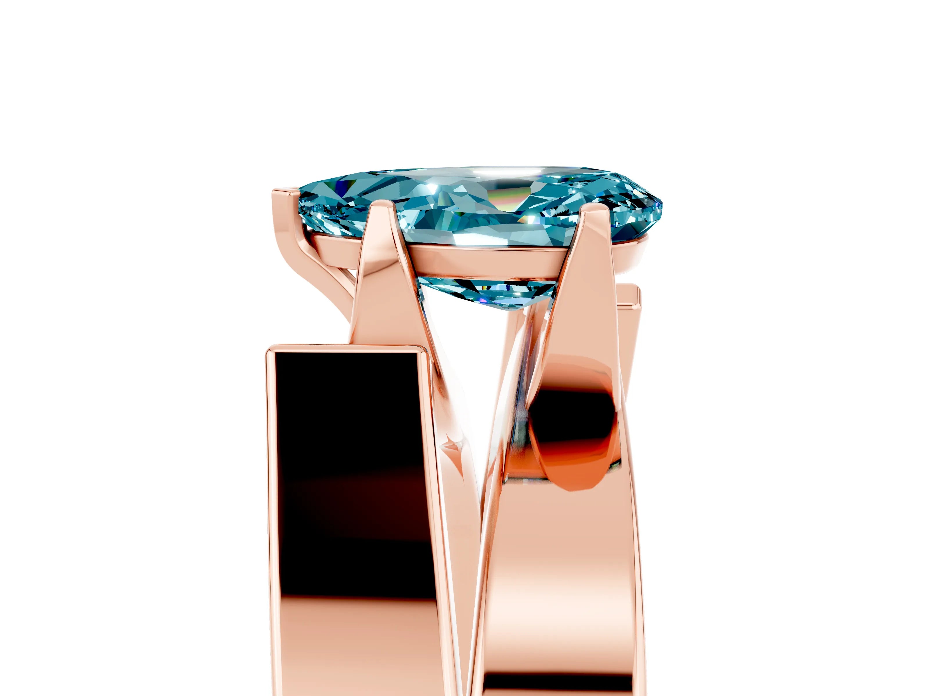 Rose gold Modern Tension Set Pear Cut Blue Topaz Solitaire Wide Band Ring_5
