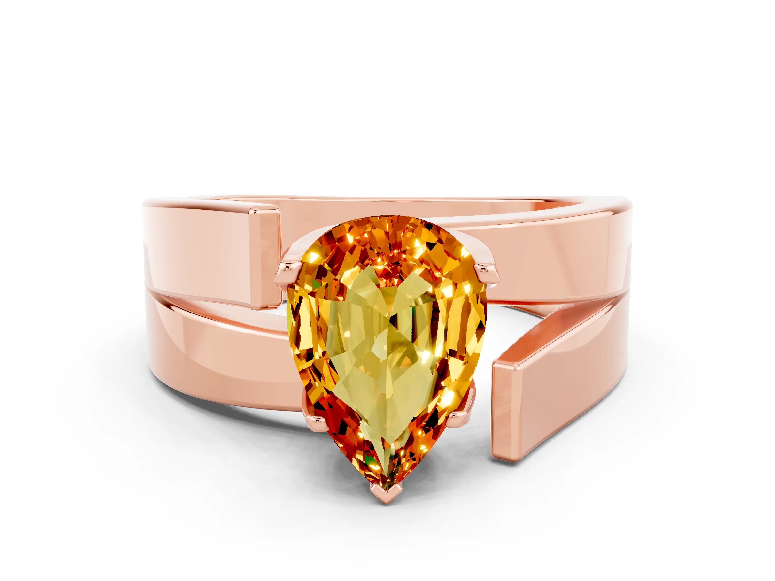Rose gold Modern Tension Set Pear Cut Citrine Solitaire Wide Band Ring