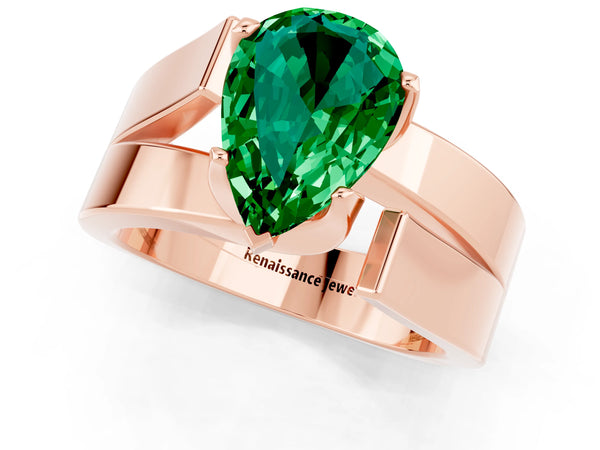 Rose gold Modern Tension Set Pear Cut Emerald Solitaire Wide Band Ring
