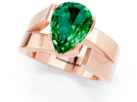 Rose gold Modern Tension Set Pear Cut Emerald Solitaire Wide Band Ring_1