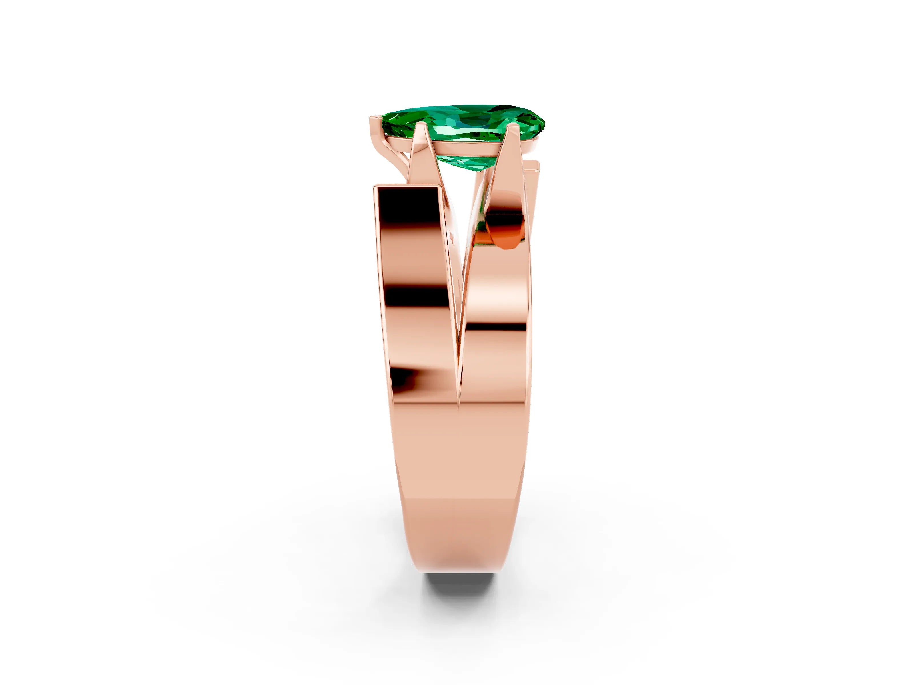 Rose gold Modern Tension Set Pear Cut Emerald Solitaire Wide Band Ring_2