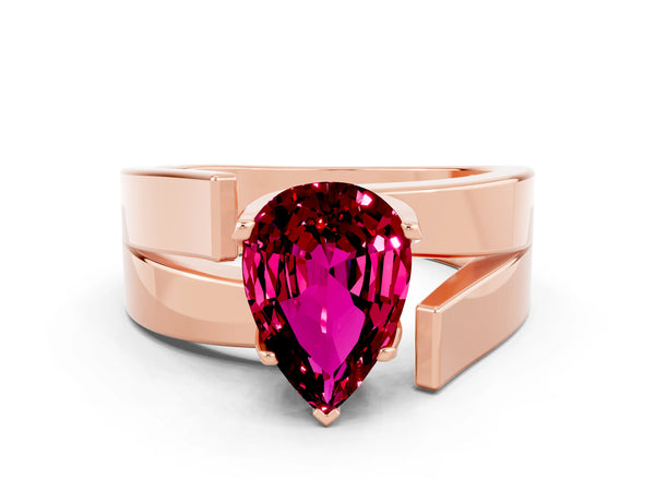 Rose gold Modern Tension Set Pear Cut Garnet Solitaire Wide Band Ring