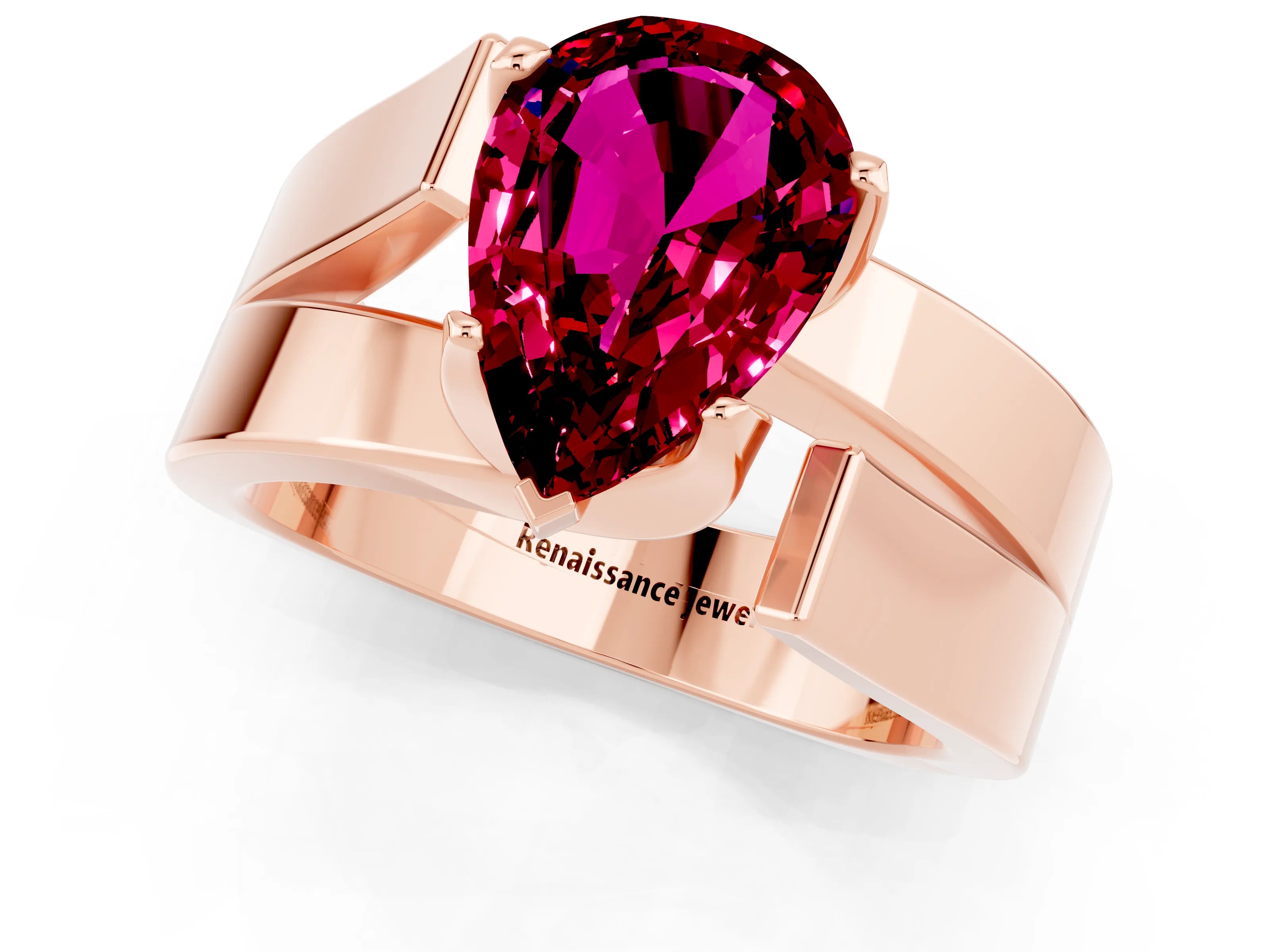 Rose gold Modern Tension Set Pear Cut Garnet Solitaire Wide Band Ring_1