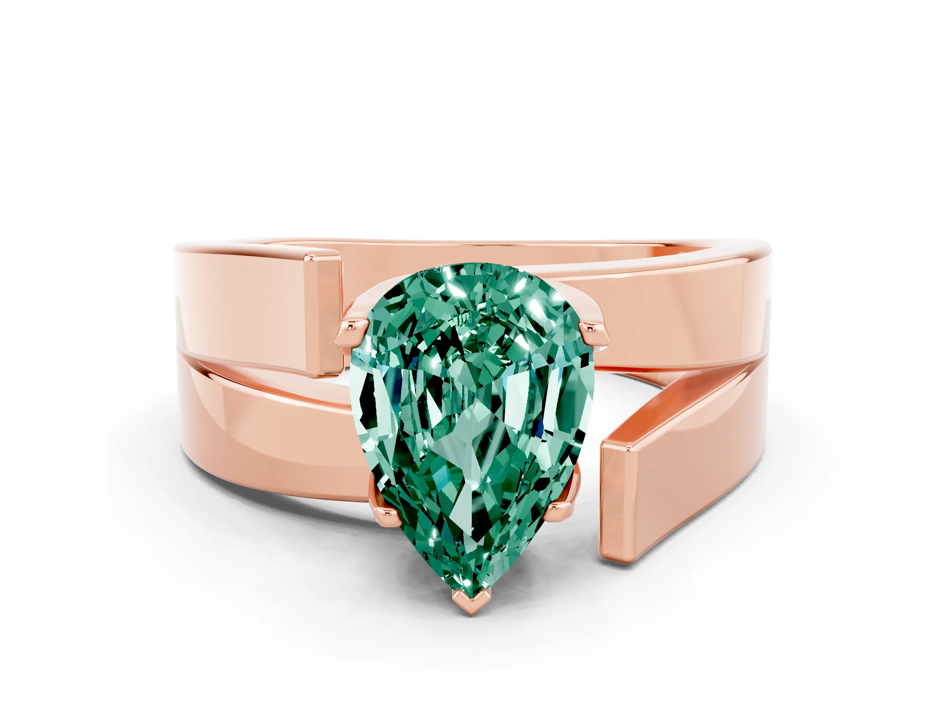 Rose gold Modern Tension Set Pear Cut Green Sapphire Solitaire Wide Band Ring