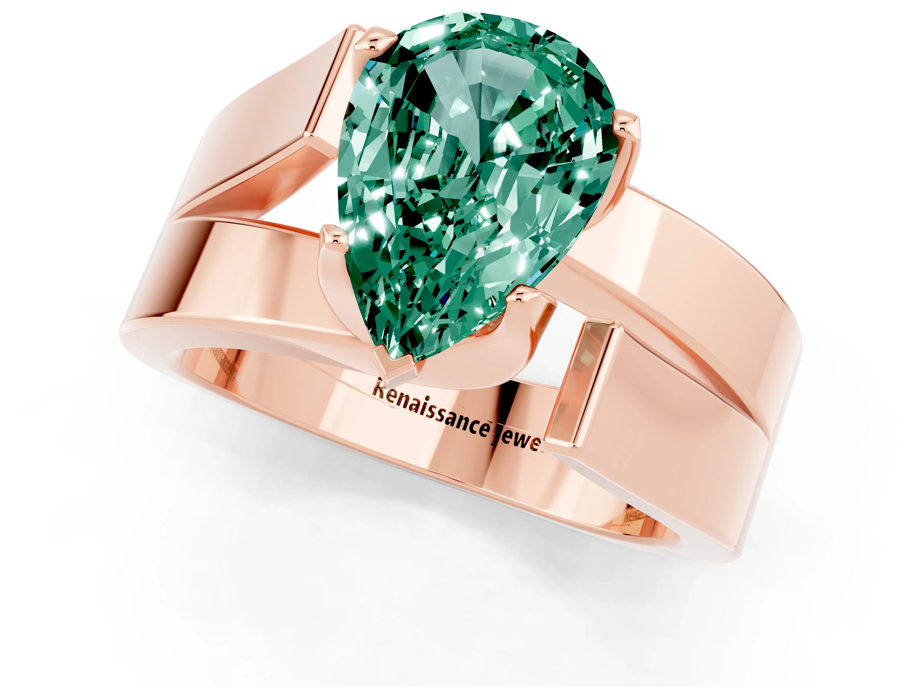 Rose gold Modern Tension Set Pear Cut Green Sapphire Solitaire Wide Band Ring_1