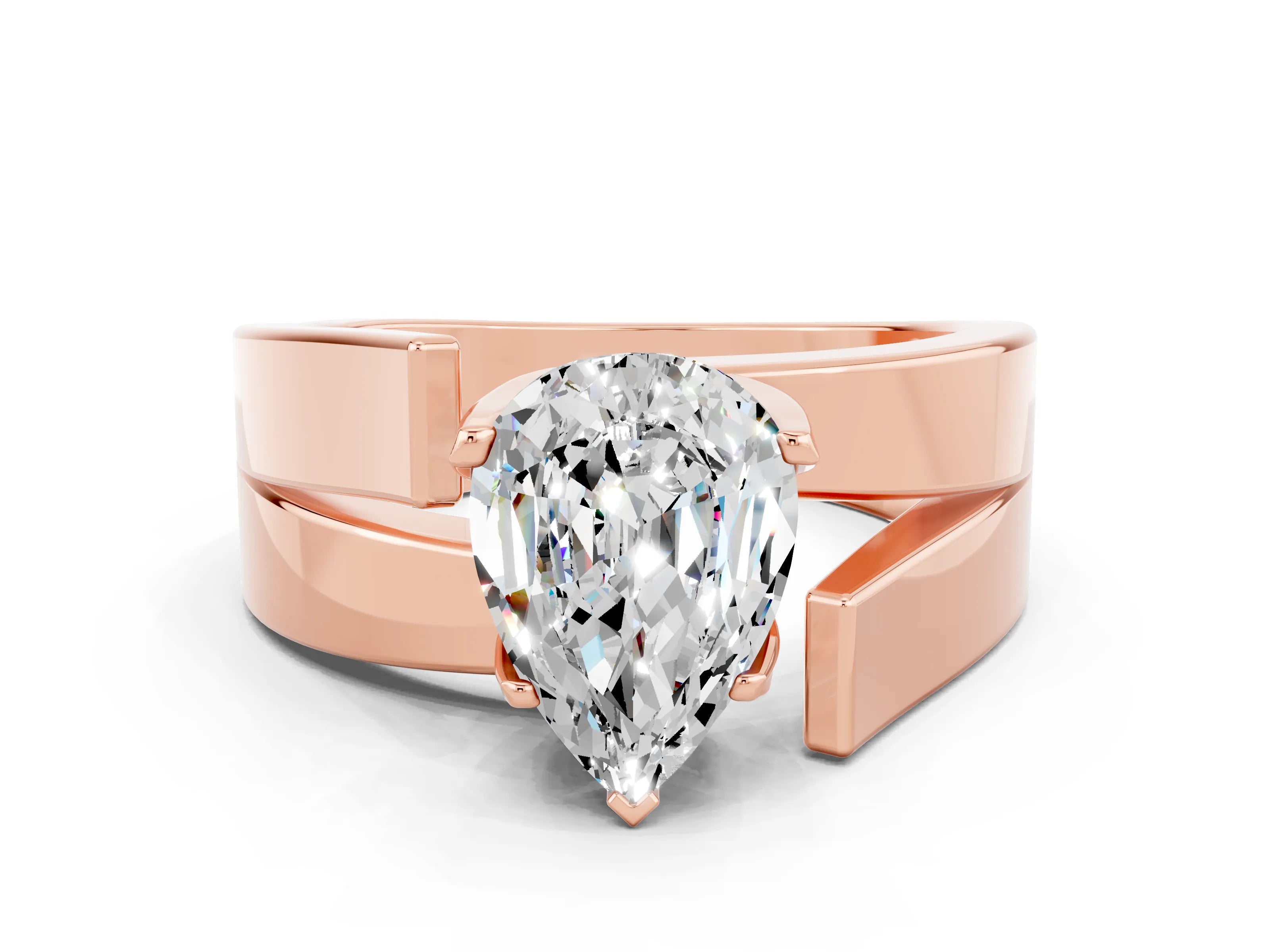 Rose gold Modern Tension Set Pear Cut Moissanite Solitaire Wide Band Ring