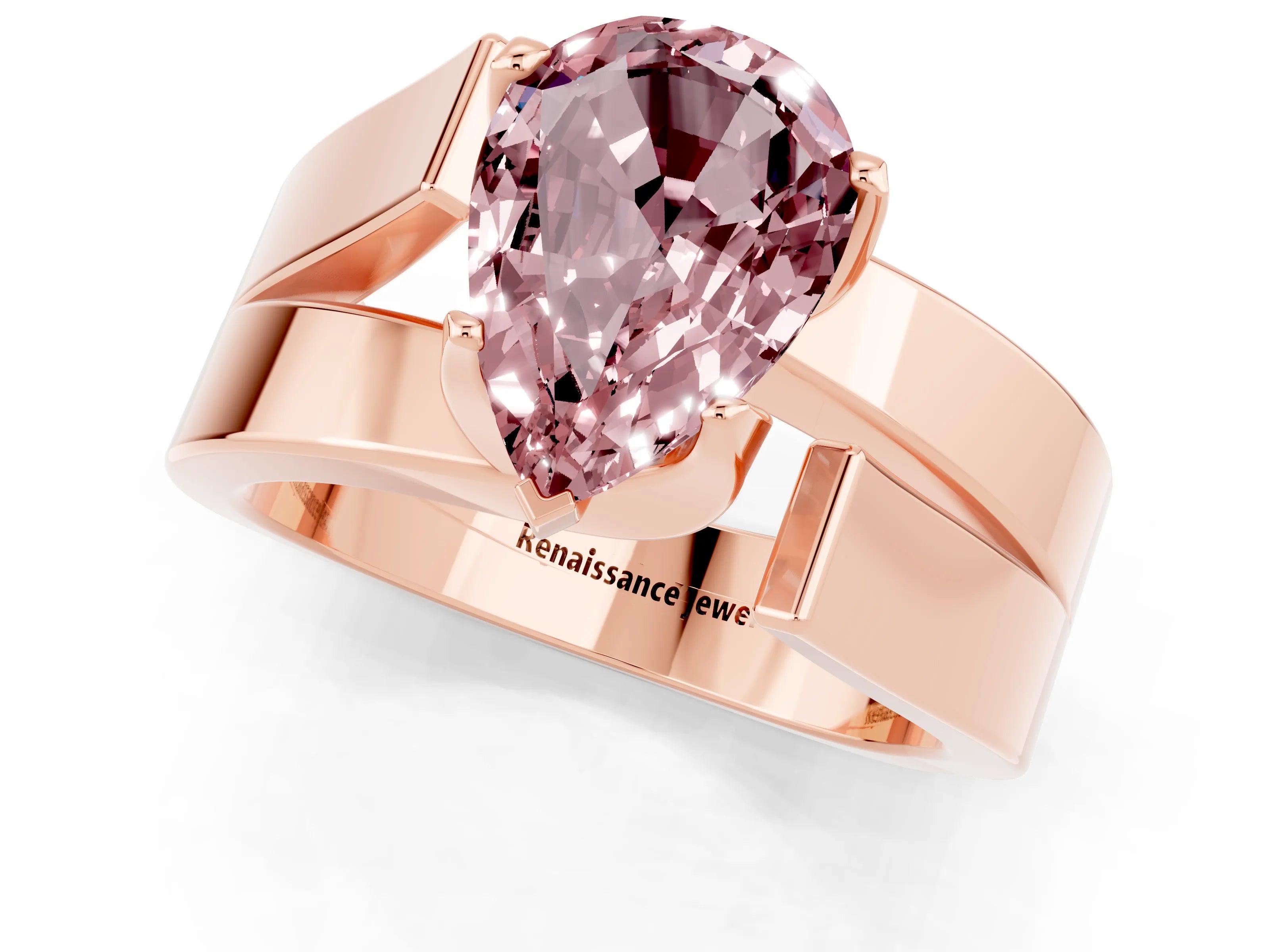 Rose gold Modern Tension Set Pear Cut Morganite Solitaire Wide Band Ring_1