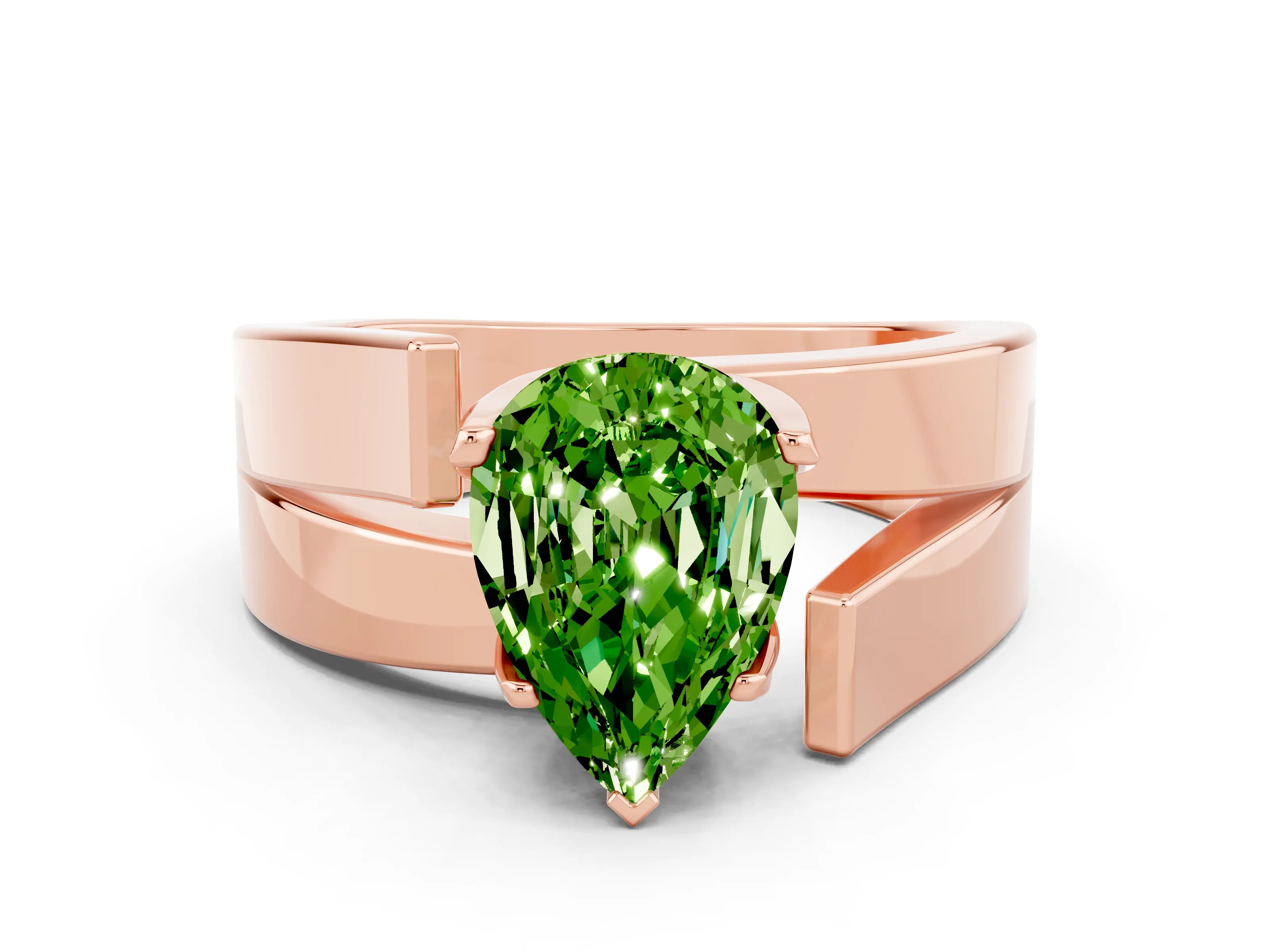 Rose gold Modern Tension Set Pear Cut Peridot Solitaire Wide Band Ring