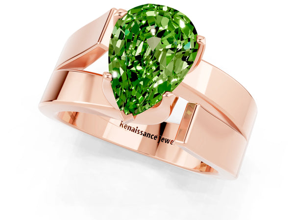 Rose gold Modern Tension Set Pear Cut Peridot Solitaire Wide Band Ring