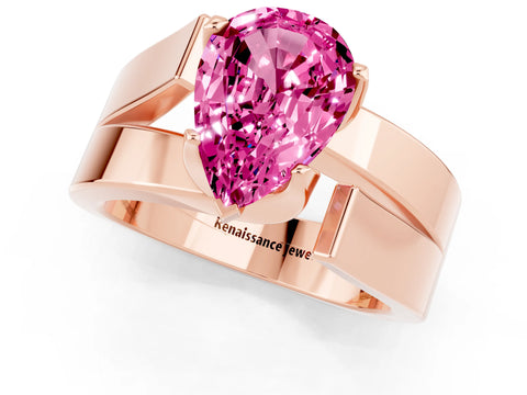 Rose gold Modern Tension Set Pear Cut Pink Sapphire Solitaire Wide Band Ring_13