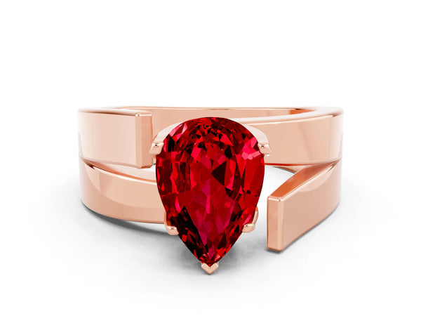 Rose gold Modern Tension Set Pear Cut Ruby Solitaire Wide Band Ring