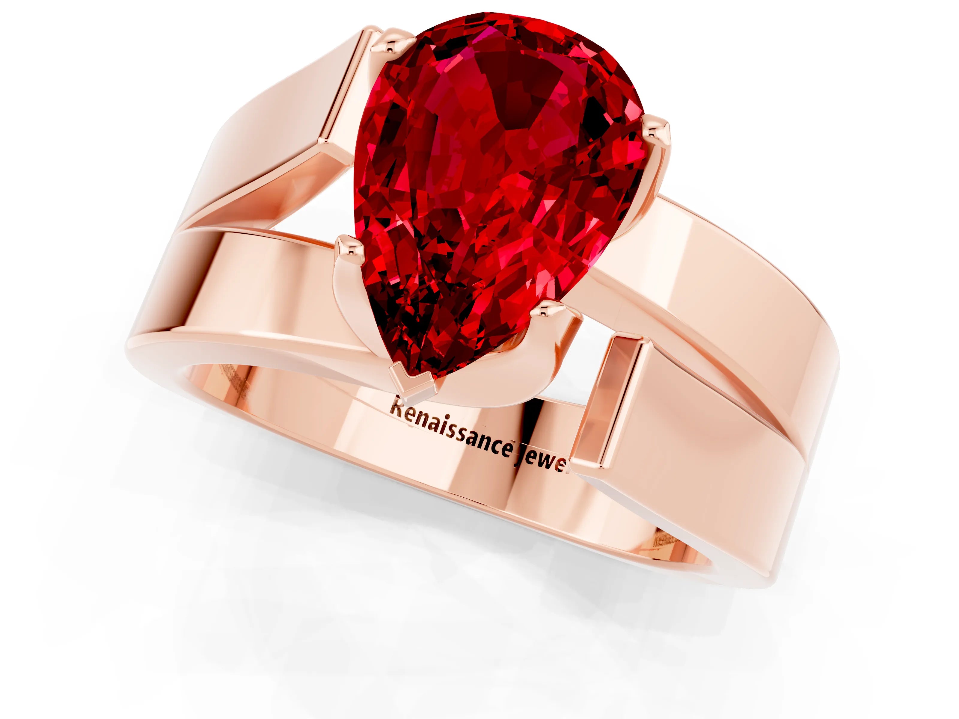 Rose gold Modern Tension Set Pear Cut Ruby Solitaire Wide Band Ring_1