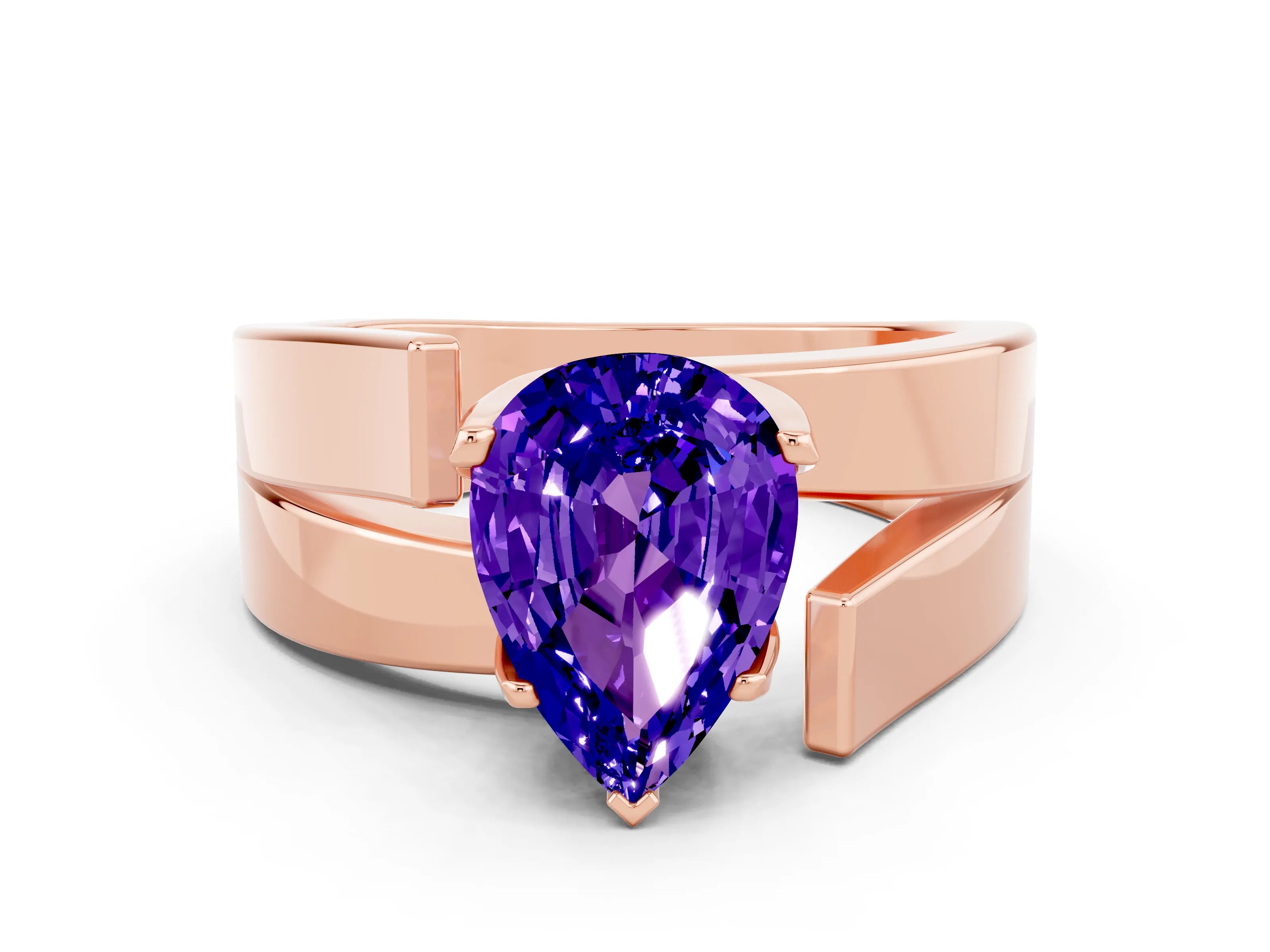 Rose gold Modern Tension Set Pear Cut Tanzanite Solitaire Wide Band Ring