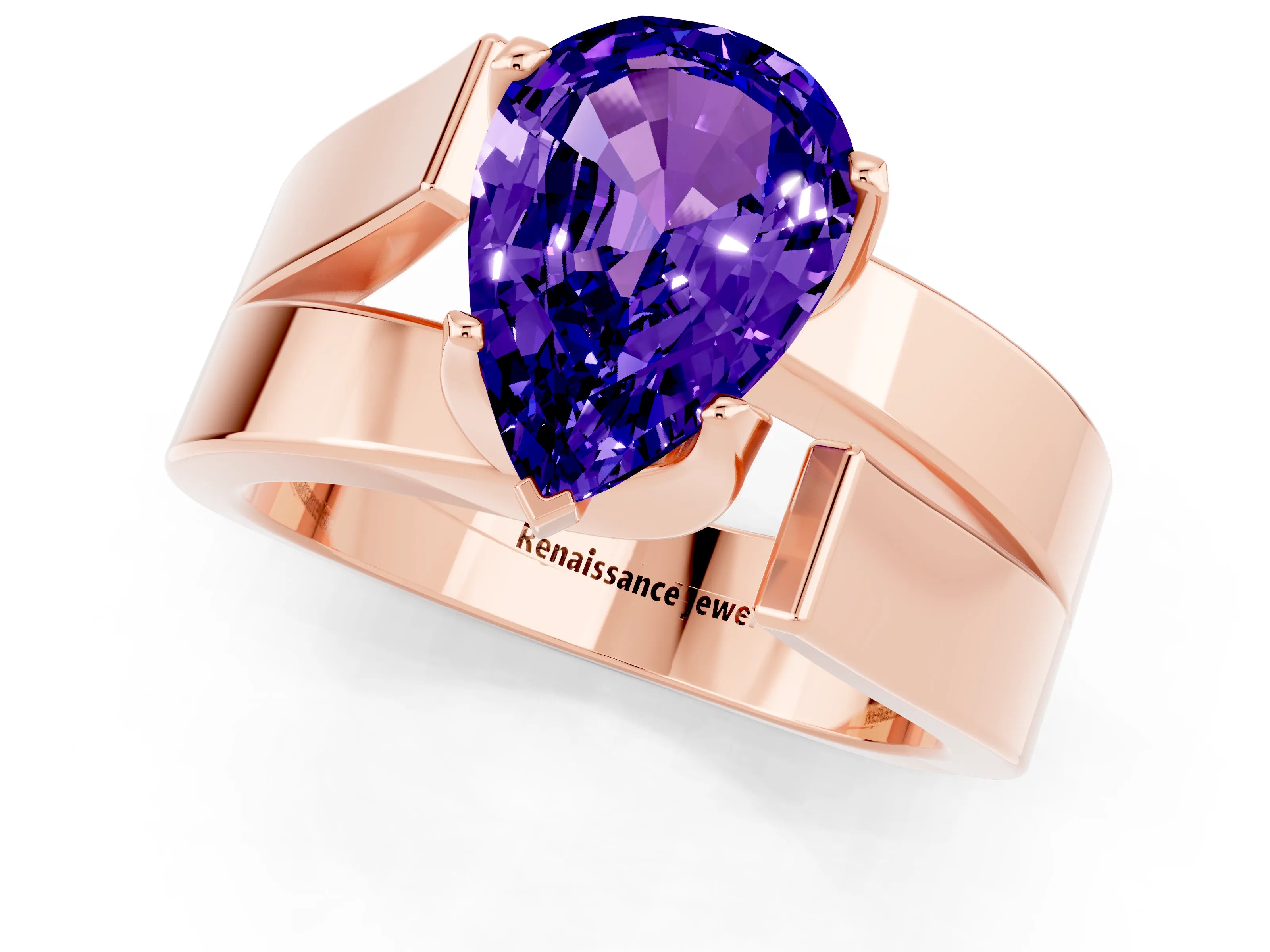 Rose gold Modern Tension Set Pear Cut Tanzanite Solitaire Wide Band Ring_1