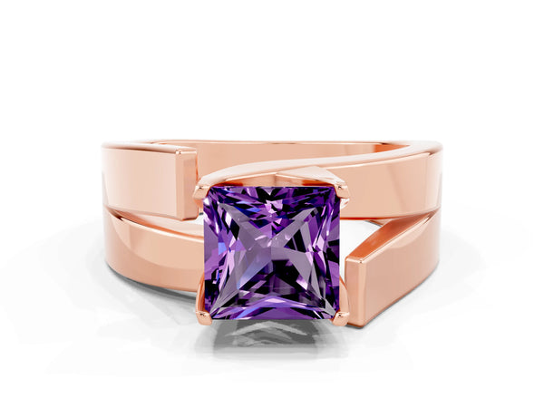 Rose gold Modern Tension Set Princess Cut Amethyst Solitaire Wide Band Ring