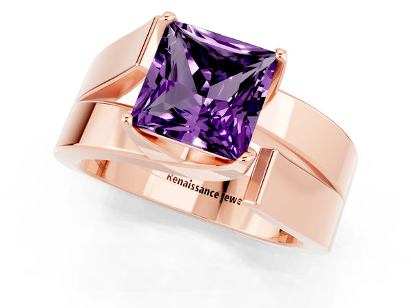 Rose gold Modern Tension Set Princess Cut Amethyst Solitaire Wide Band Ring