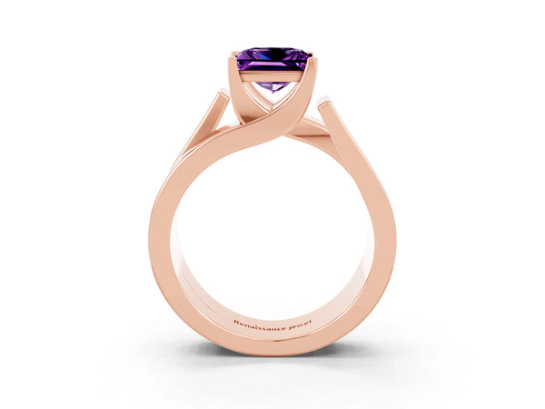 Rose gold Modern Tension Set Princess Cut Amethyst Solitaire Wide Band Ring