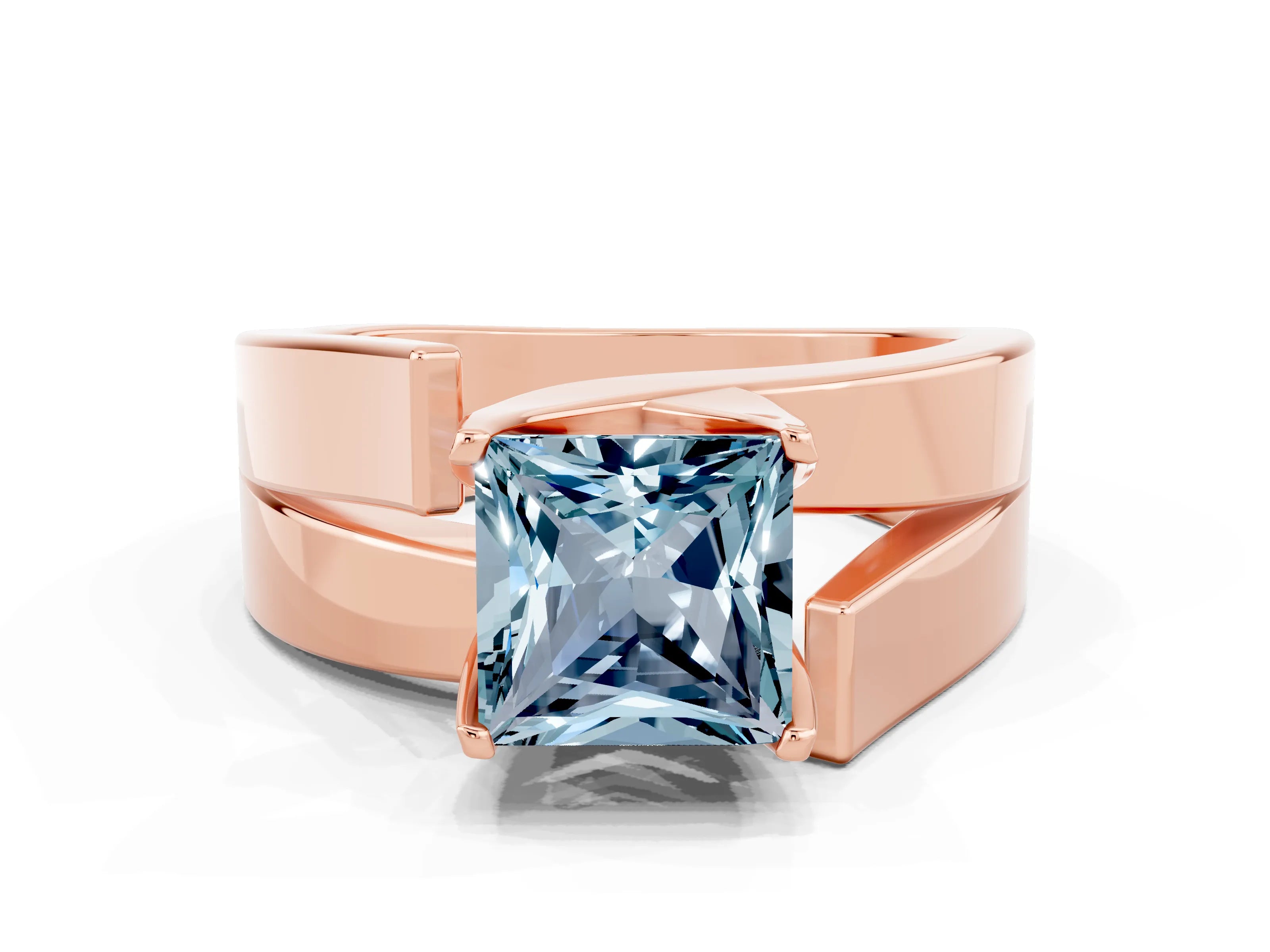 Rose gold Modern Tension Set Princess Cut Aquamarine Solitaire Wide Band Ring