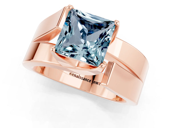 Rose gold Modern Tension Set Princess Cut Aquamarine Solitaire Wide Band Ring