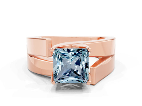 Rose gold Modern Tension Set Princess Cut Aquamarine Solitaire Wide Band Ring