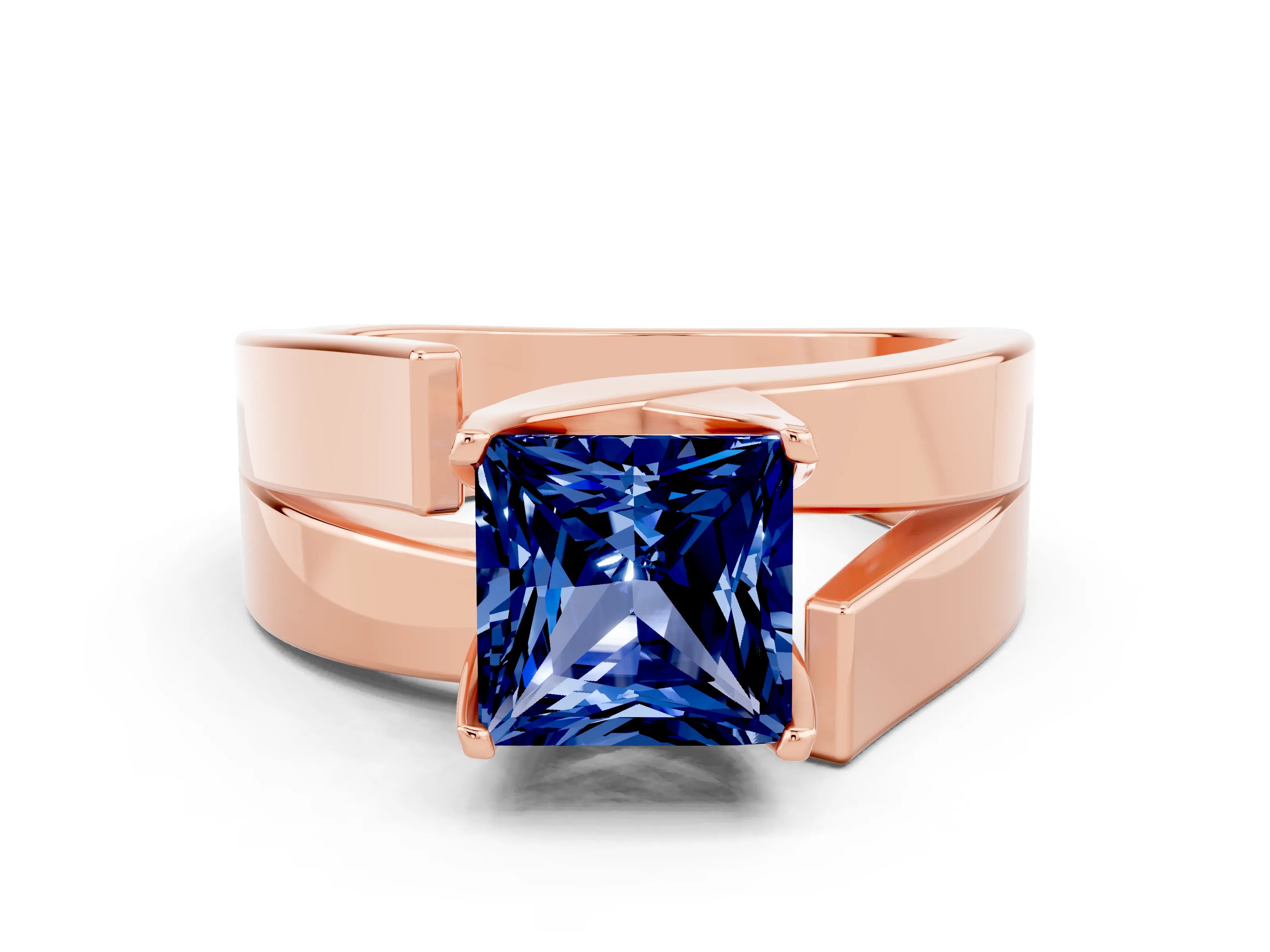 Rose gold Modern Tension Set Princess Cut Blue Sapphire Solitaire Wide Band Ring