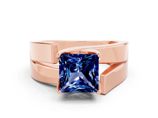 Rose gold Modern Tension Set Princess Cut Blue Sapphire Solitaire Wide Band Ring