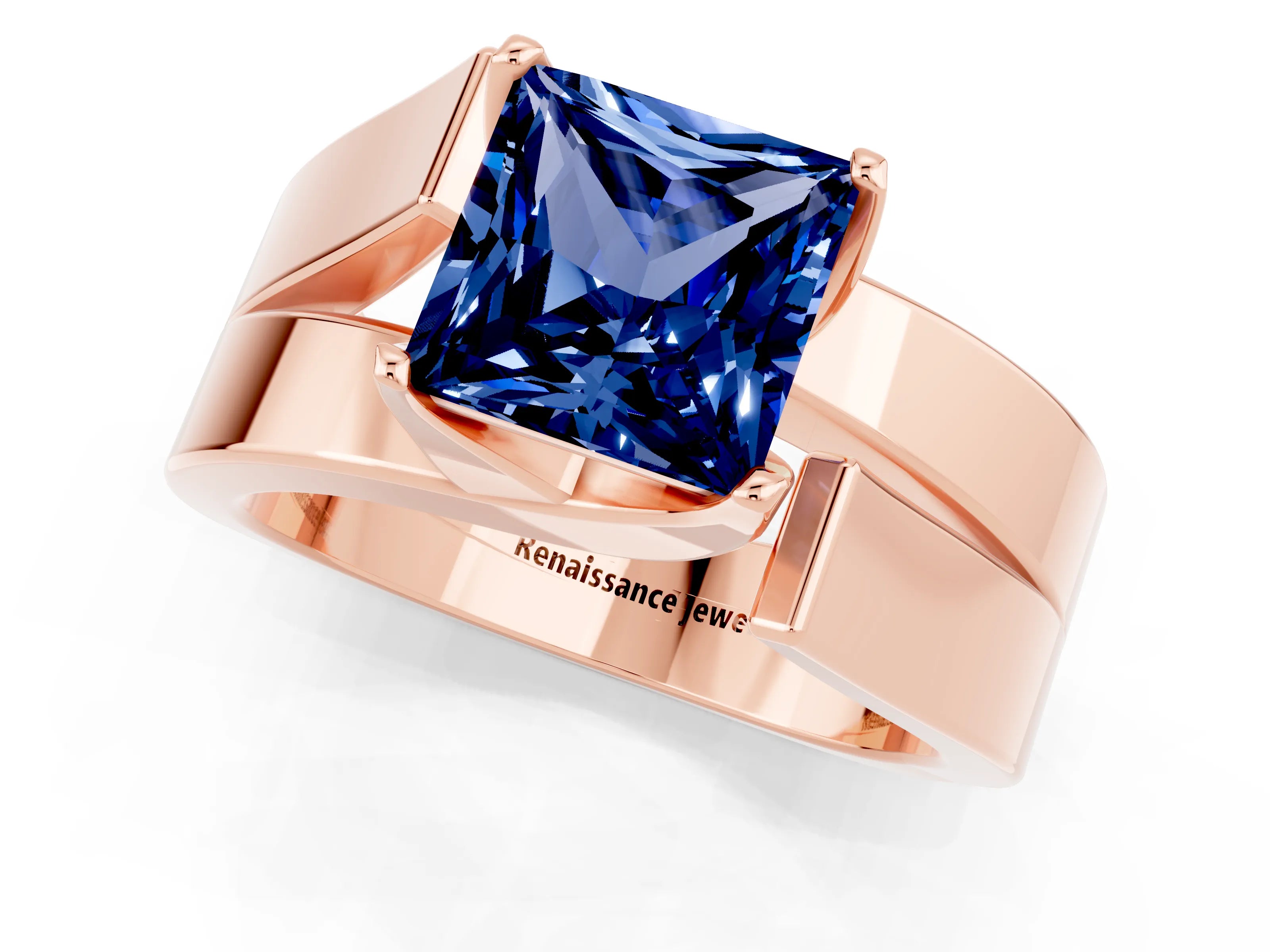 Rose gold Modern Tension Set Princess Cut Blue Sapphire Solitaire Wide Band Ring_1