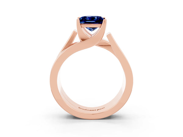 Rose gold Modern Tension Set Princess Cut Blue Sapphire Solitaire Wide Band Ring