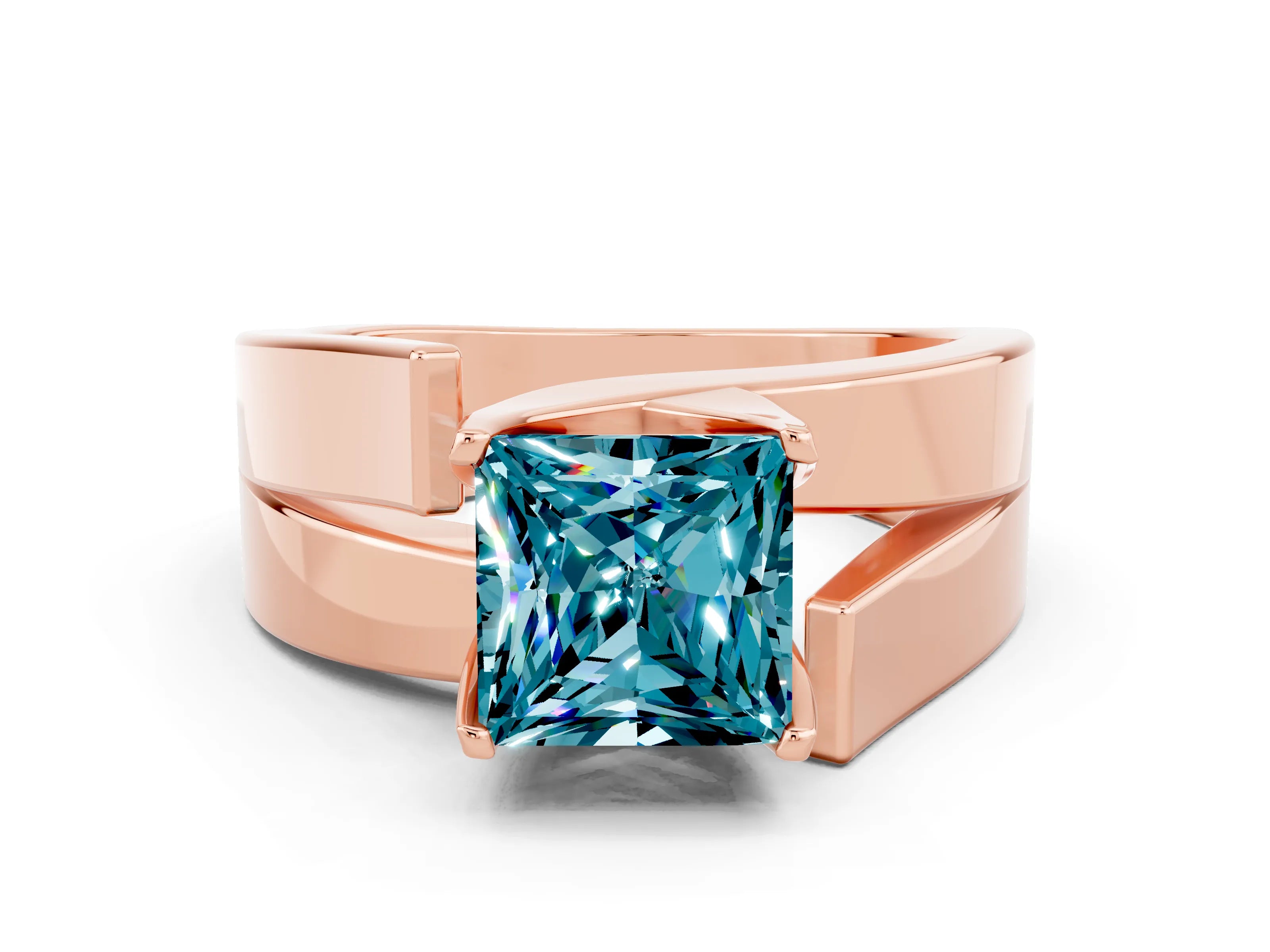 Rose gold Modern Tension Set Princess Cut Blue Topaz Solitaire Wide Band Ring