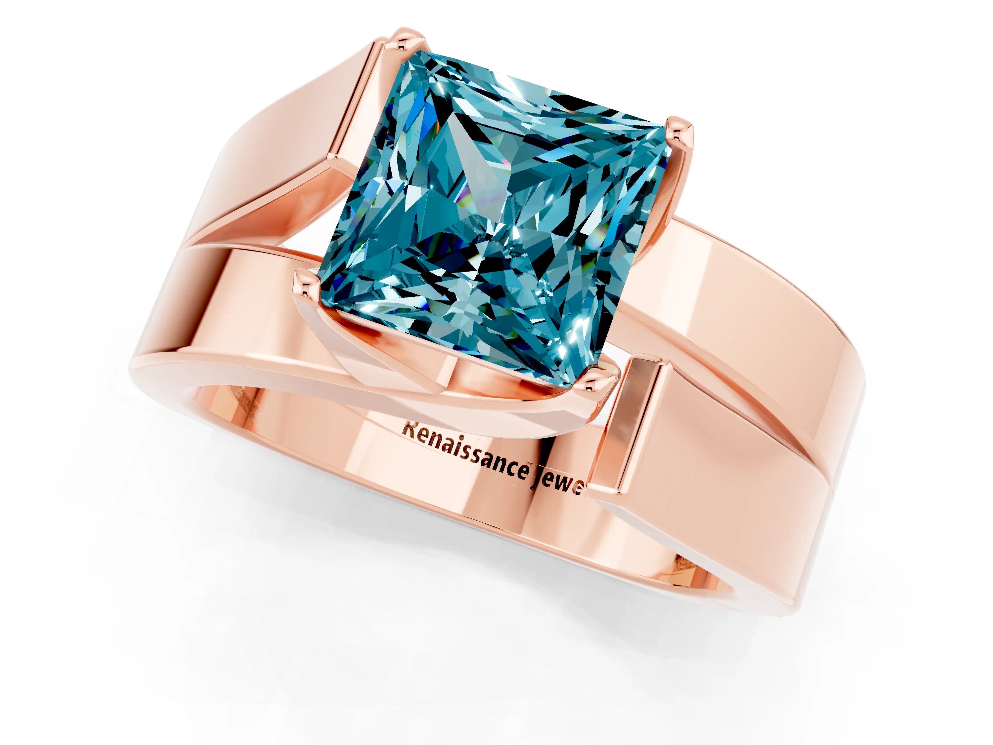Rose gold Modern Tension Set Princess Cut Blue Topaz Solitaire Wide Band Ring_1