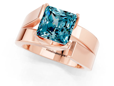 Rose gold Modern Tension Set Princess Cut Blue Topaz Solitaire Wide Band Ring_1