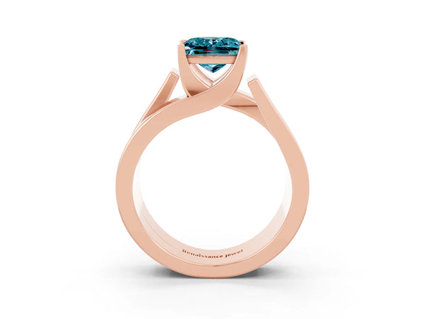 Rose gold Modern Tension Set Princess Cut Blue Topaz Solitaire Wide Band Ring