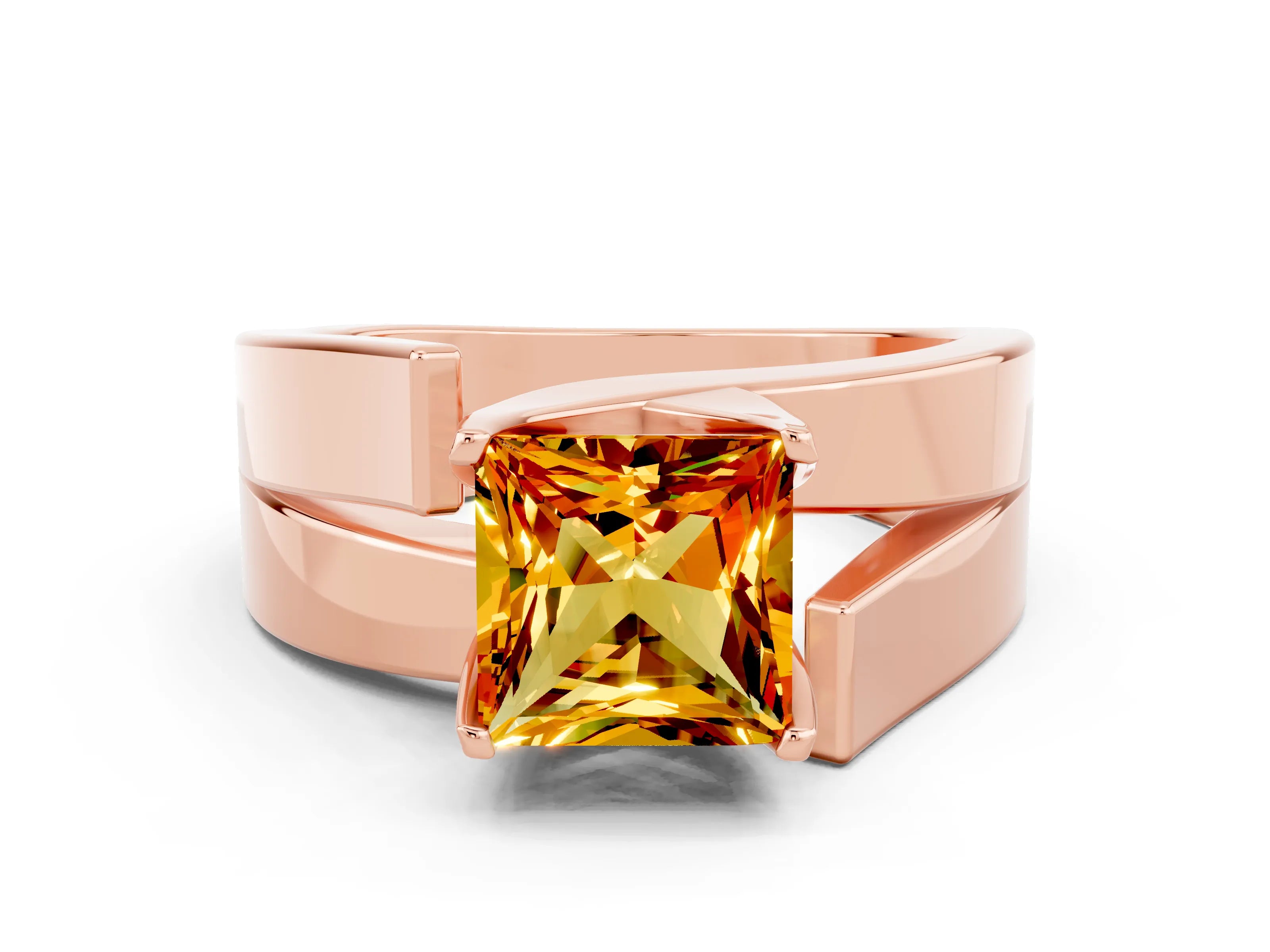 Rose gold Modern Tension Set Princess Cut Citrine Solitaire Wide Band Ring