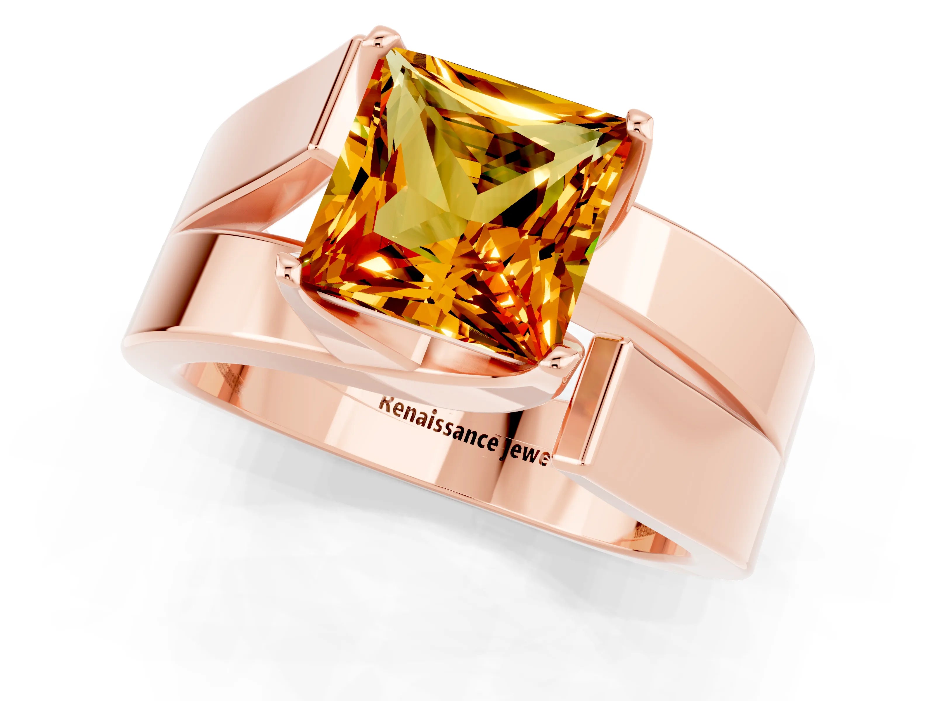 Rose gold Modern Tension Set Princess Cut Citrine Solitaire Wide Band Ring_1