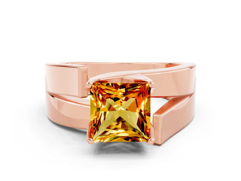 Rose gold Modern Tension Set Princess Cut Citrine Solitaire Wide Band Ring