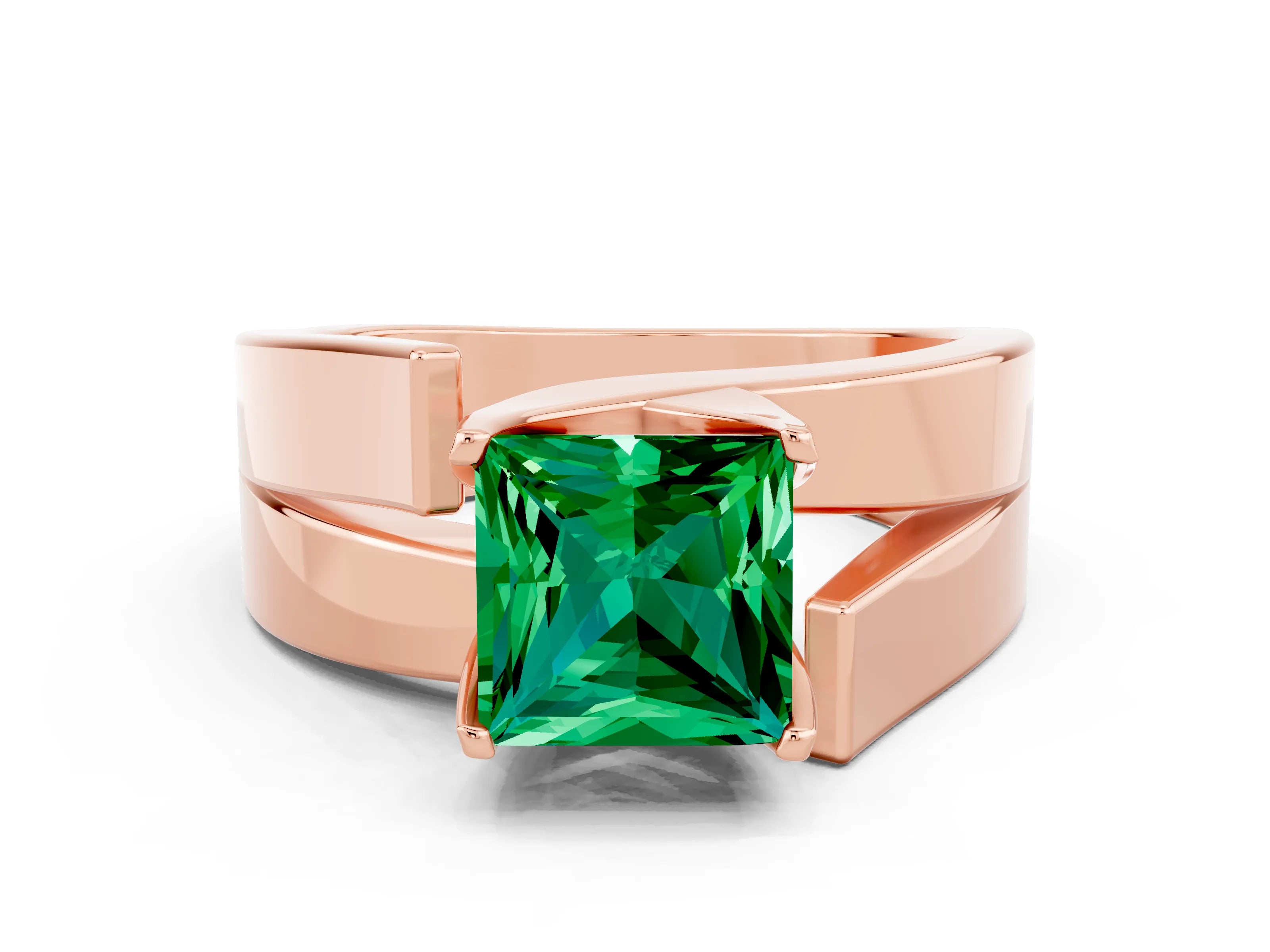 Rose gold Modern Tension Set Princess Cut Emerald Solitaire Wide Band Ring