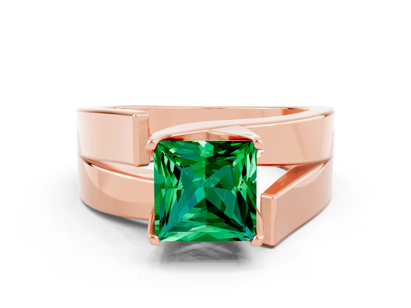 Rose gold Modern Tension Set Princess Cut Emerald Solitaire Wide Band Ring