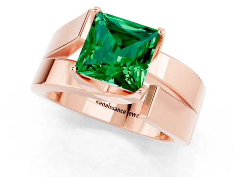 Rose gold Modern Tension Set Princess Cut Emerald Solitaire Wide Band Ring_1