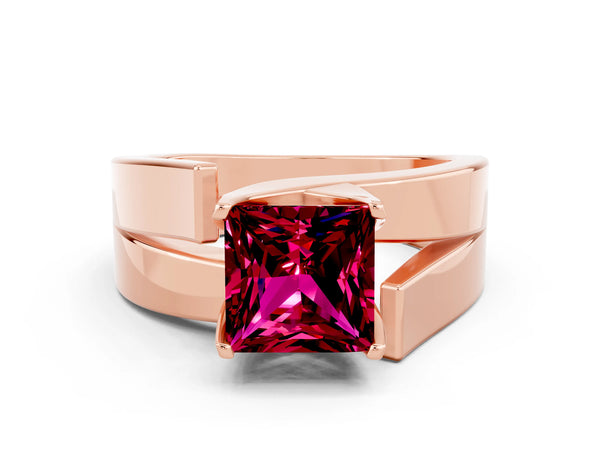 Rose gold Modern Tension Set Princess Cut Garnet Solitaire Wide Band Ring